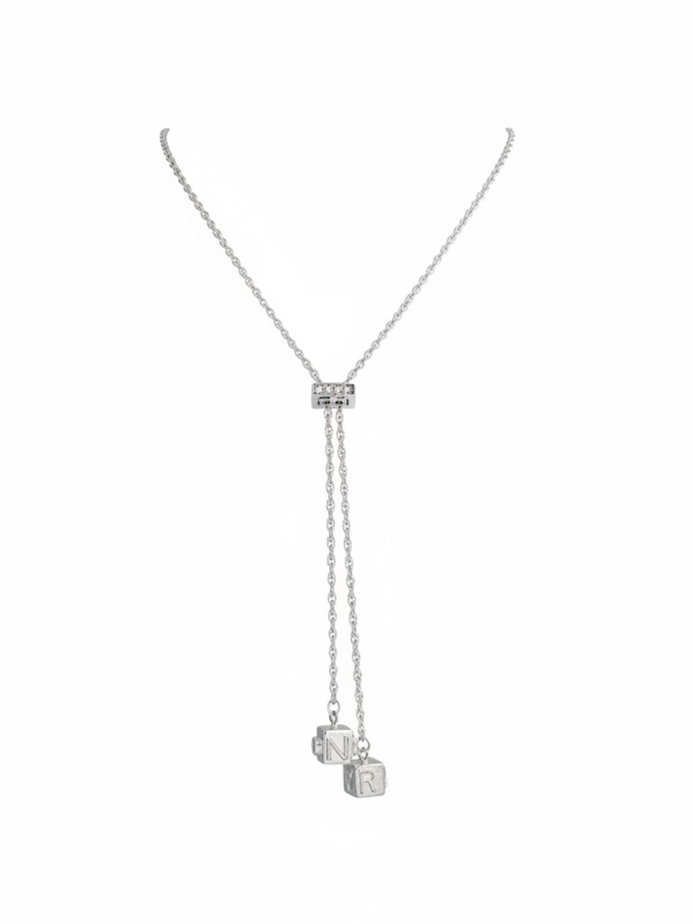 Nina Ricci Silver Cube Initial Lariat Swarovski Crystal Necklace